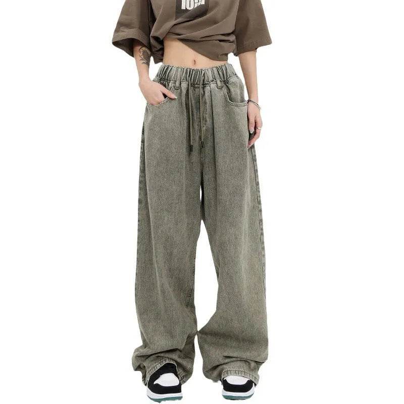 Retro Worn Looking Washed-out Drawstring Baggy Jeans Pant For Women - Velora