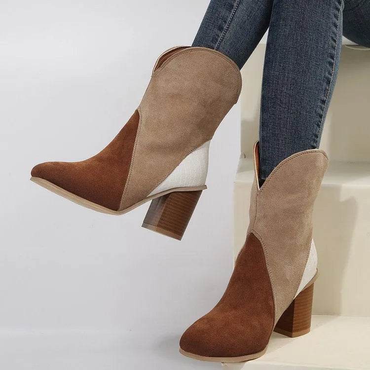 Fashion Splicing Suede Boots Retro Pointed-toe Square High Heel Mid-calf Boots For Women Fall And Winter Shoes - Velora