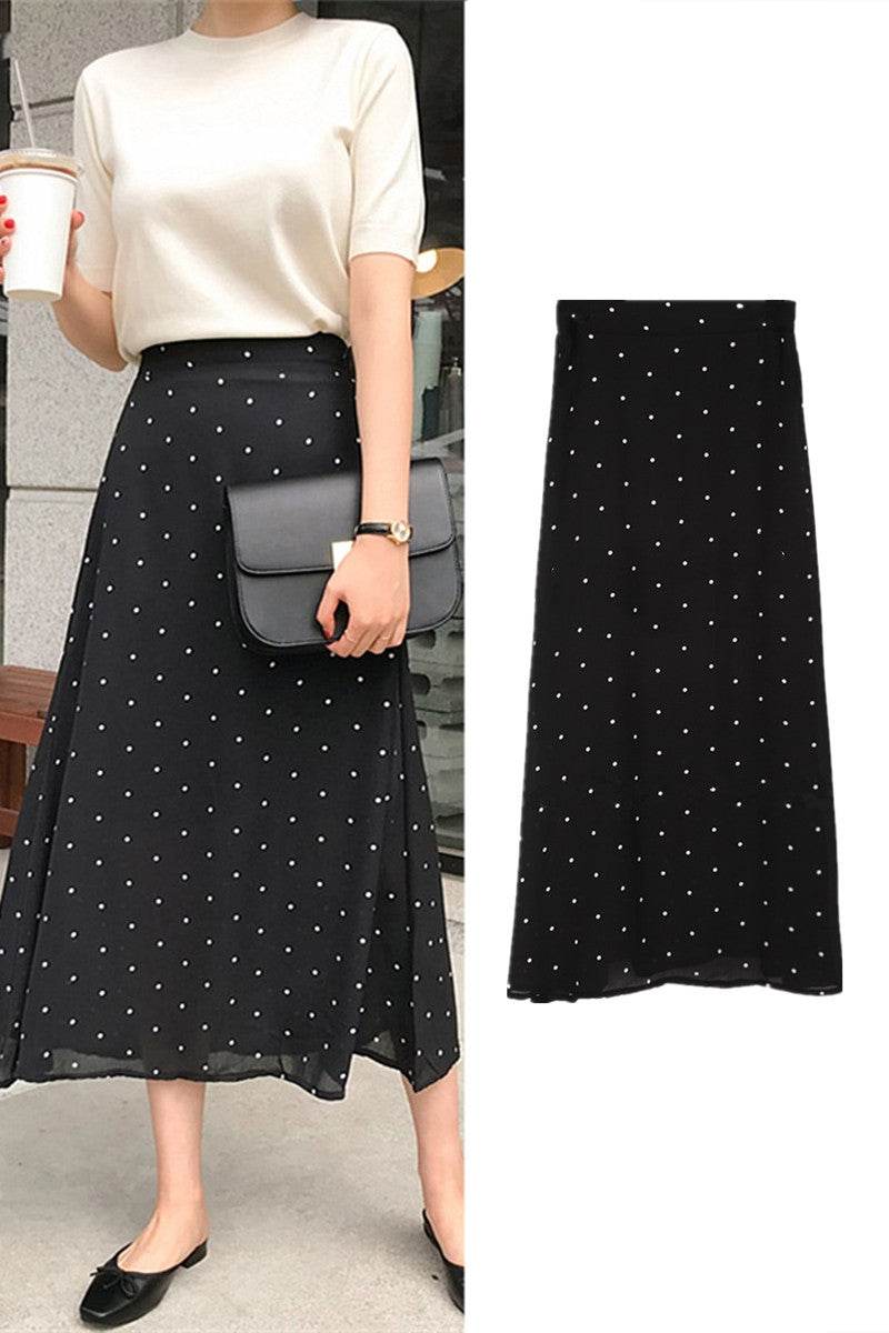 Polka dot High waist Chiffon Flowy Midi skirt women - Velora