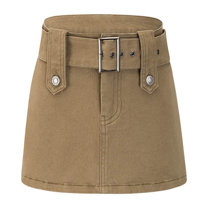 American Retro Wide Waistband Denim Mini Skirt with Belt - Velora