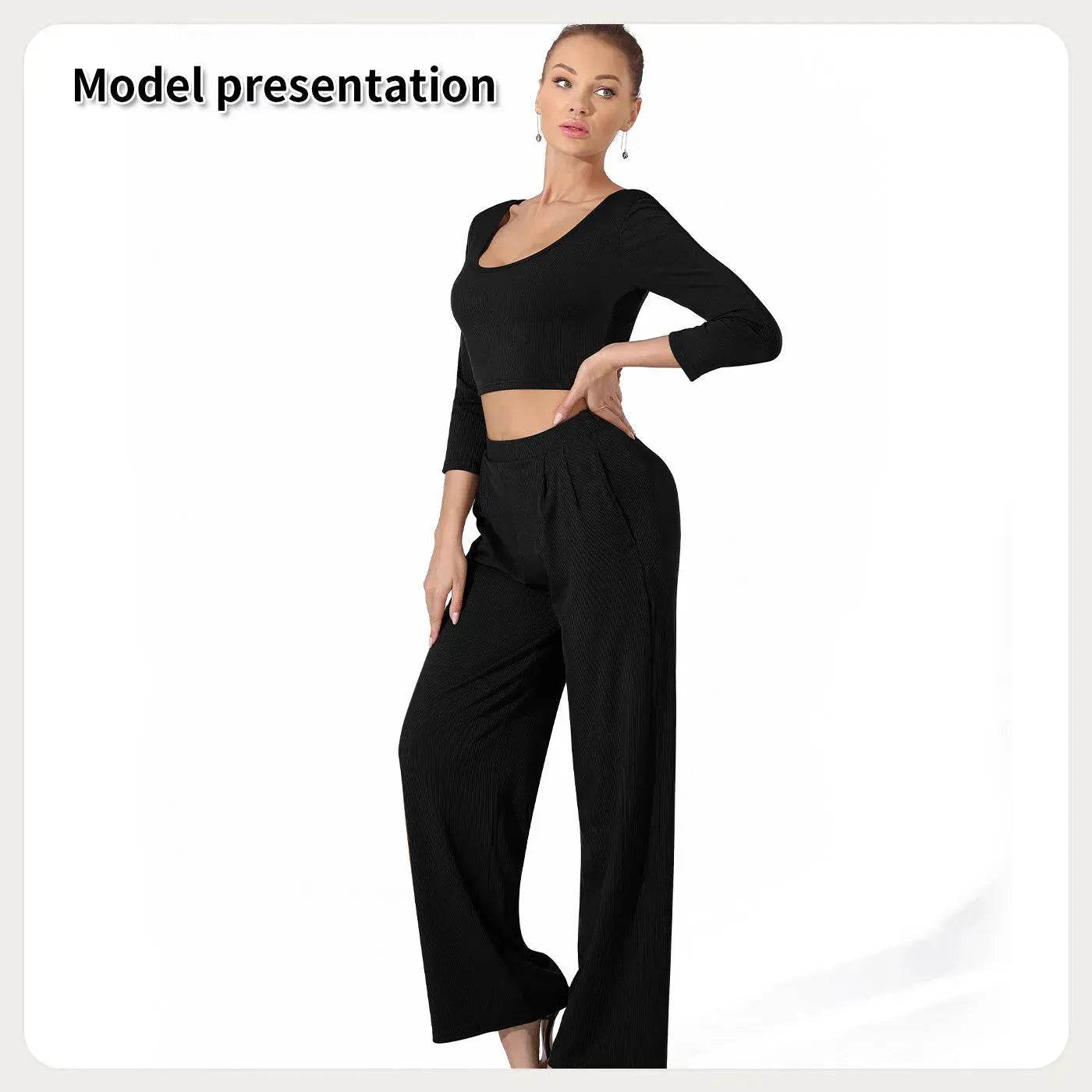Women Fashion Casual Matching 2pcs set Long Sleeve Crop top and Pant set - Velora