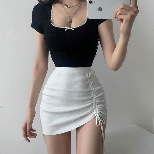 Hot Girl Hip Skirt Design High Waist With Straps Stretch Knitted Women's Mini Drawstring Split Skirt - Velora