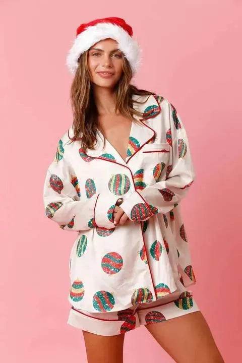 Satin Printed Santa Claus Two-piece Suit Home - Velora