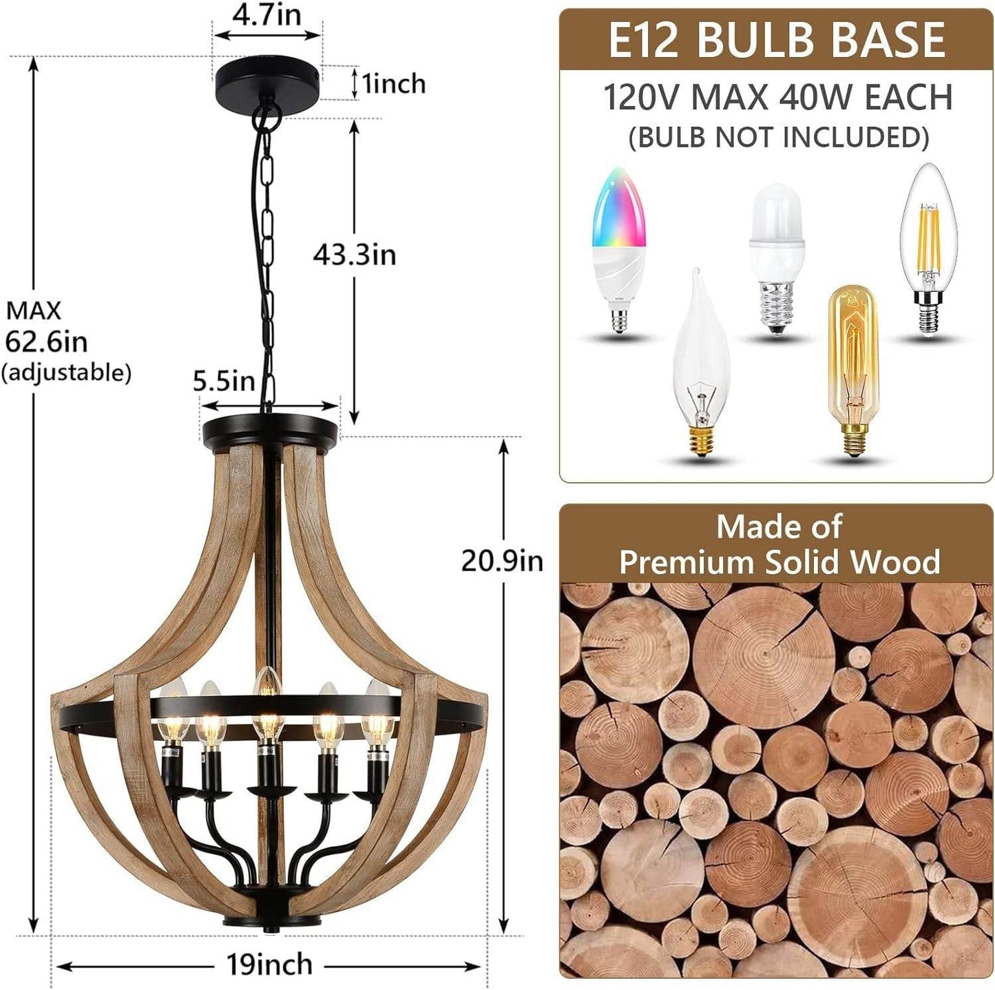 Solid Wood Modern Chandelier For Dining Room, Living Room, Kitchen, Island, Bedroom, Foyer, Height Adjustable, Brown - Velora