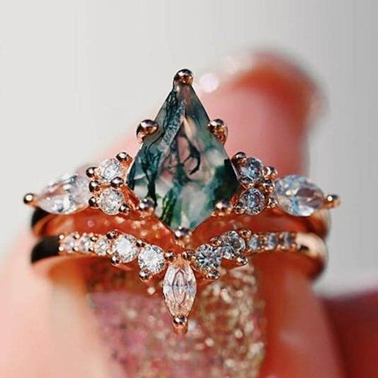 2pcs Fashion Rings Natural Green Moss Stone Agate Ring For Women Personalized Jewelry - Velora