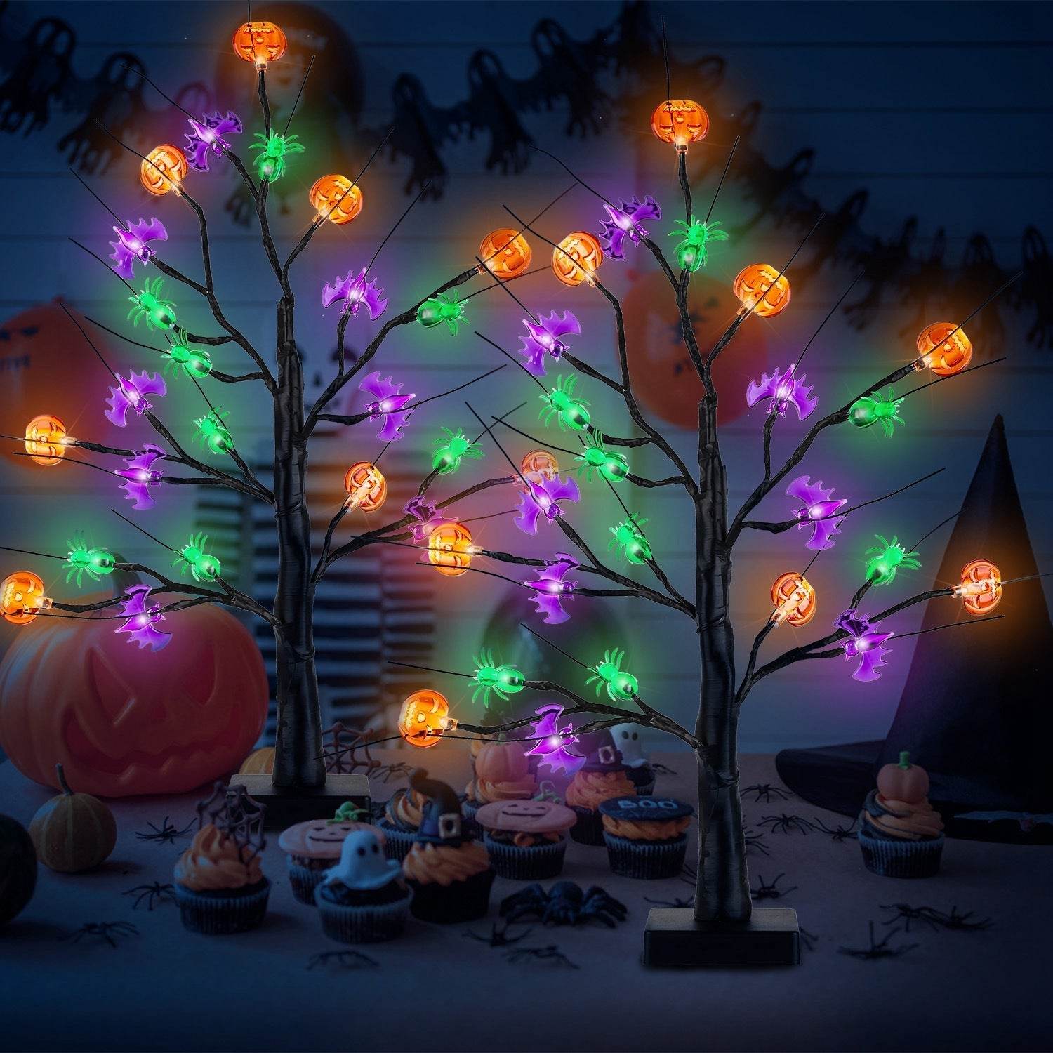 2Pack 1.97FT Lighted Halloween Trees Halloween Indoor Decorations Black Halloween Tree Lights With Timer Adjustable Twigs For Tabletop Party - Velora