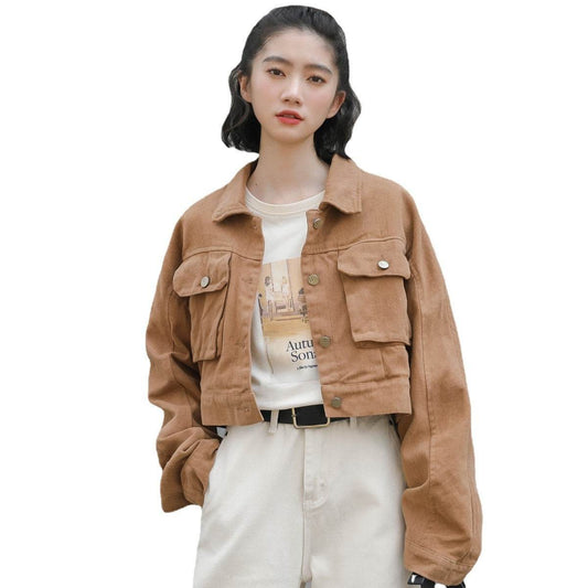 Single Breasted Long Sleeve Cargo Crop Denim Jacket Women - Velora