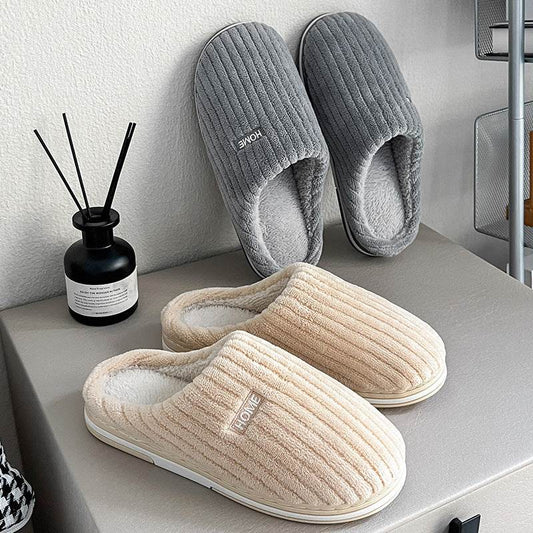 Solid Color Simple Cotton Slippers Winter Non-slip Home Warm Plush Slippers Household Indoor Couple Women's House Shoes - Velora
