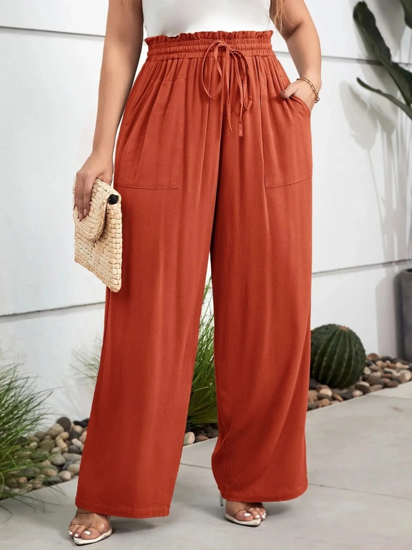 Plus Size High Waist Wide Leg Drawstring Pants - Velora