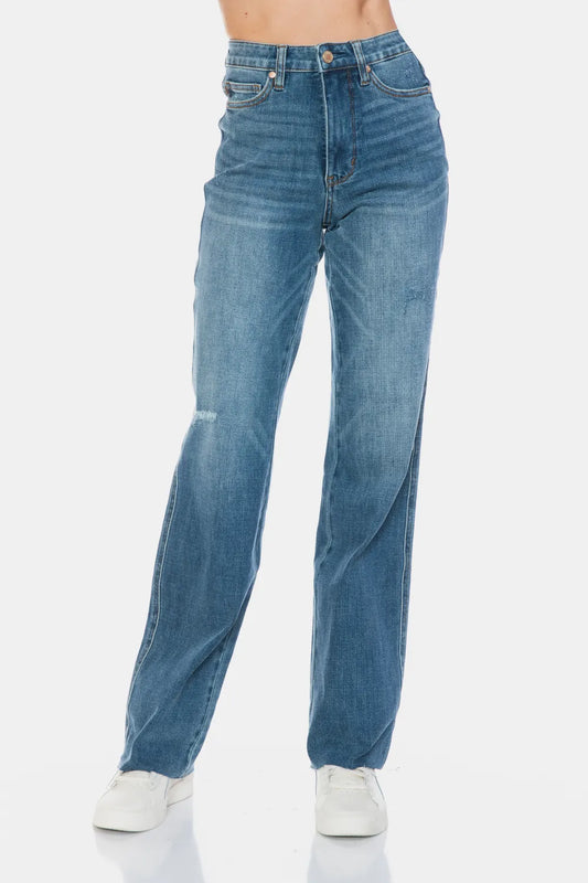 Judy Blue Full Size Tummy Control Cut Raw Hem Straight Jeans - Velora