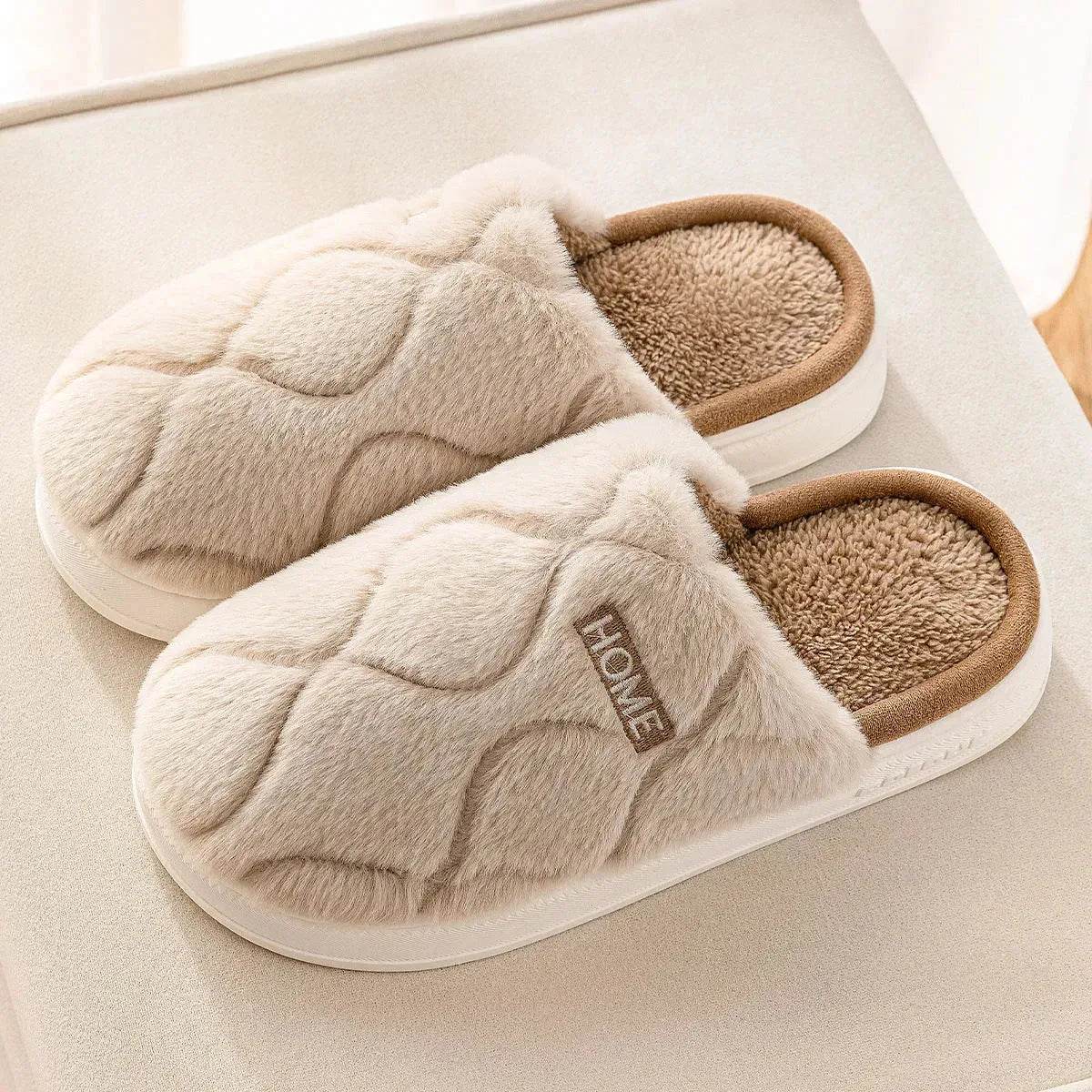 Plush Slippers Winter For Women Indoor Floor Bedroom Home Slipper Warm Solid House Shoes Men Couple - Velora