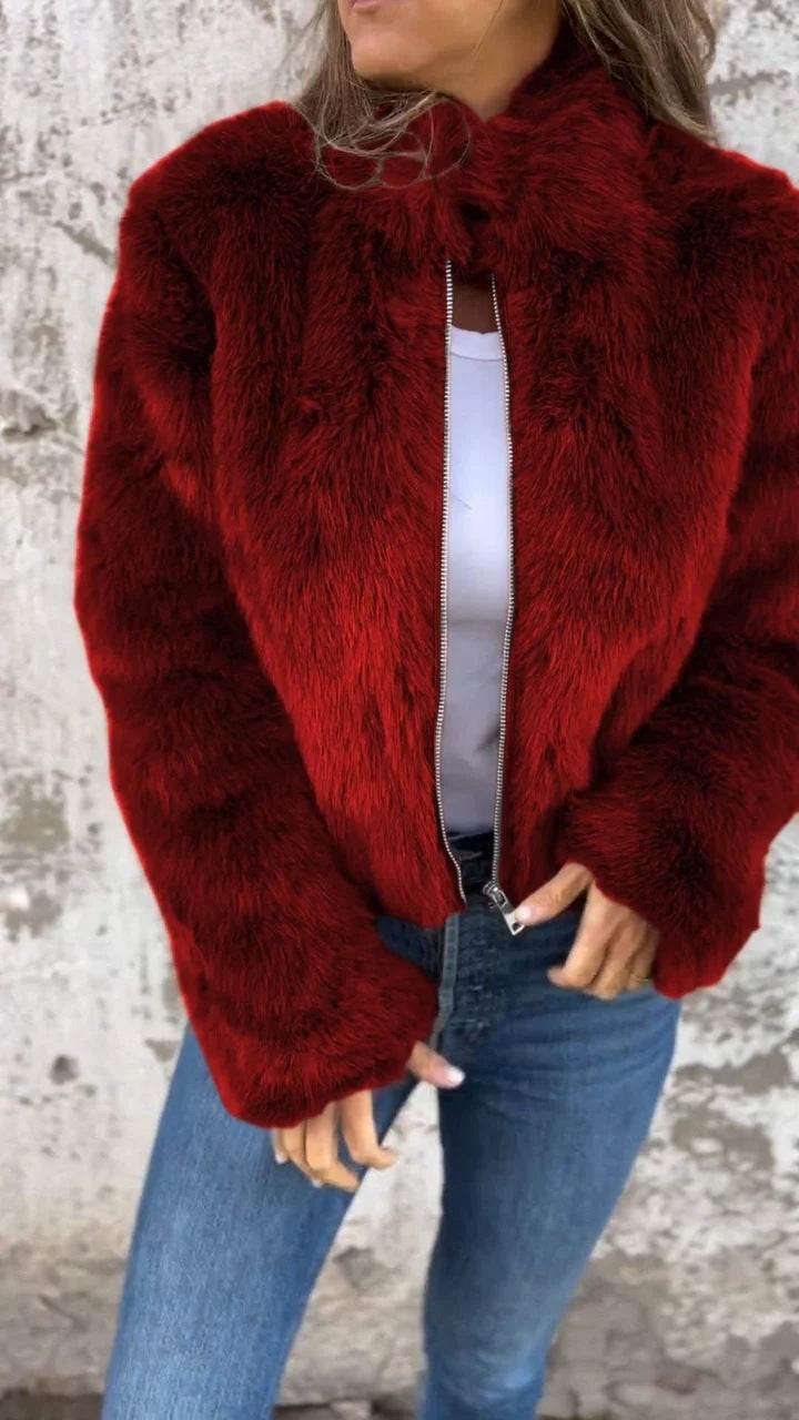 Fashion Stand Collar Plush Jacket Winter Casual Turtleneck Zipper Coat Fleece Tops Women's Clothing - Velora
