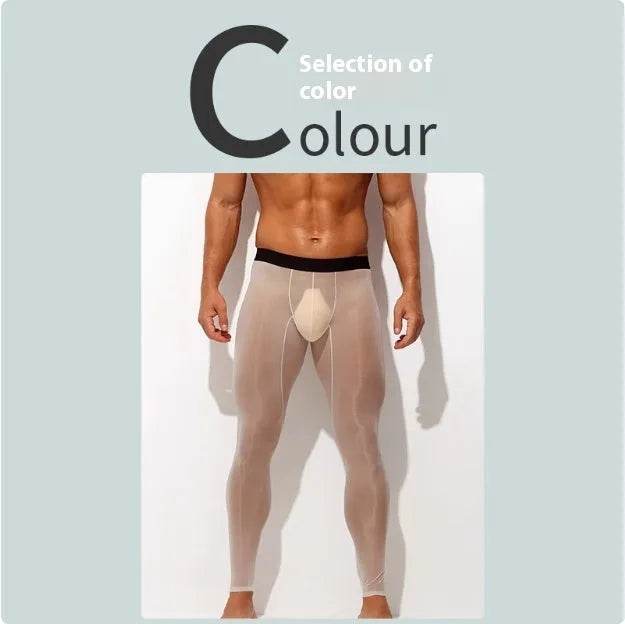Men's Ultra thin Ice Silk Long John Skinny Flesh Nude Reflective Slim Leggings