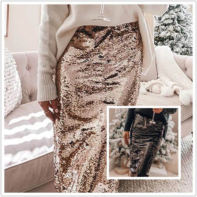 Sequined Glittering Hip A Line Pencil Midi Skirt - Velora