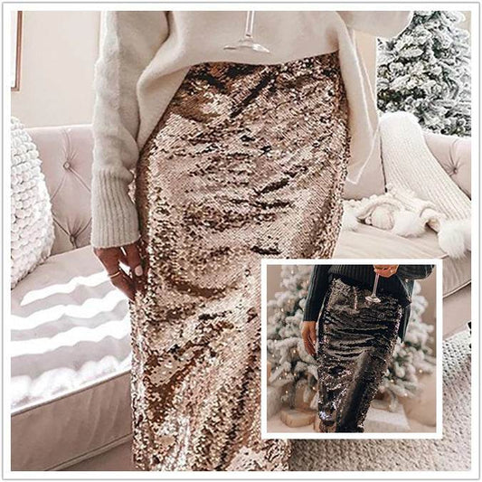 Sequined Glittering Hip A Line Pencil Midi Skirt - Velora