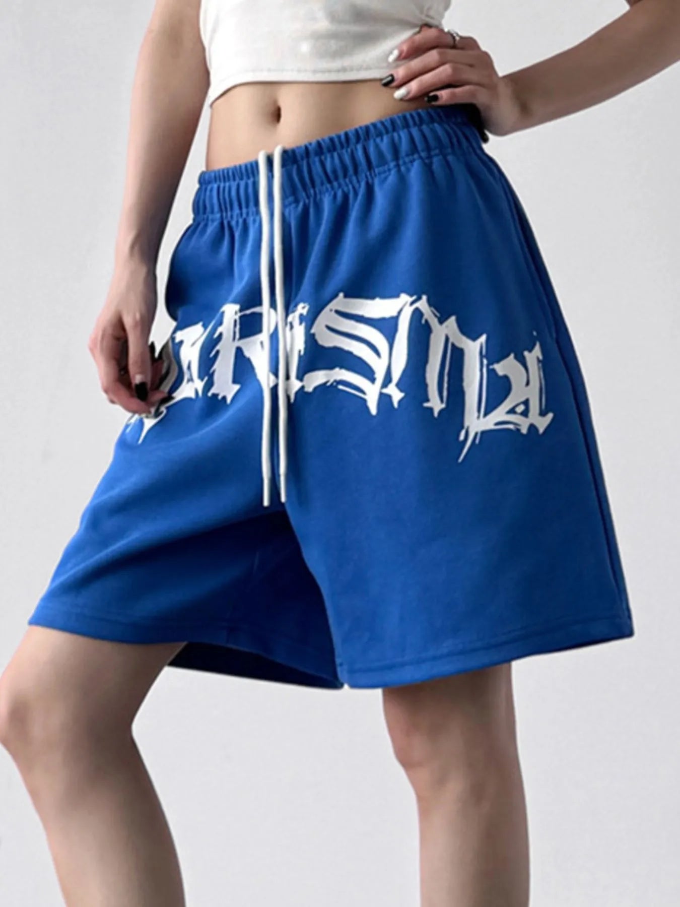 Oversized Drawstring Letter Shorts - Velora