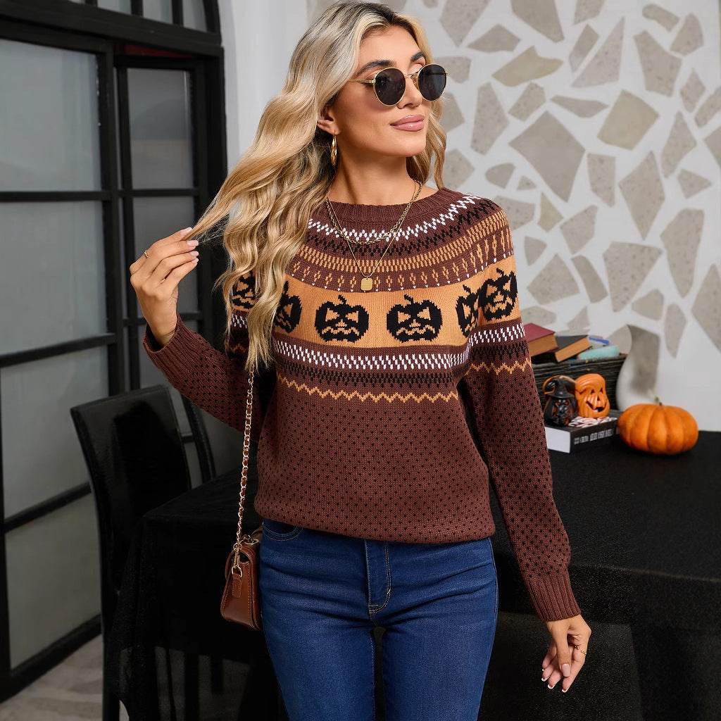 Women's Halloween Pumpkin Embroidered Retro Long-sleeved Sweater - Velora