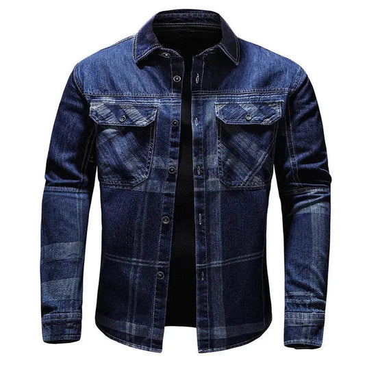 Fashion Plaid Denim Long-sleeved mens denim shirt Slim fit Jeans Shirt for men Denim top for men - Velora