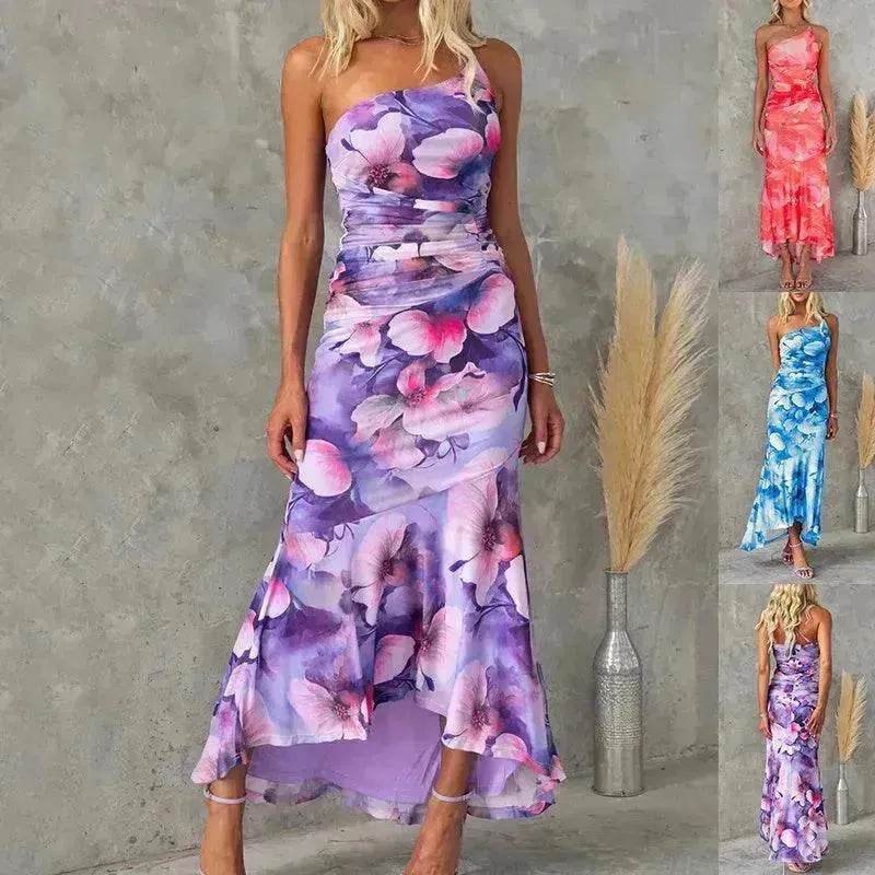 Flowers Print One-shoulder Midi Dress Summer INS Casual Suspender Women Dress - Velora