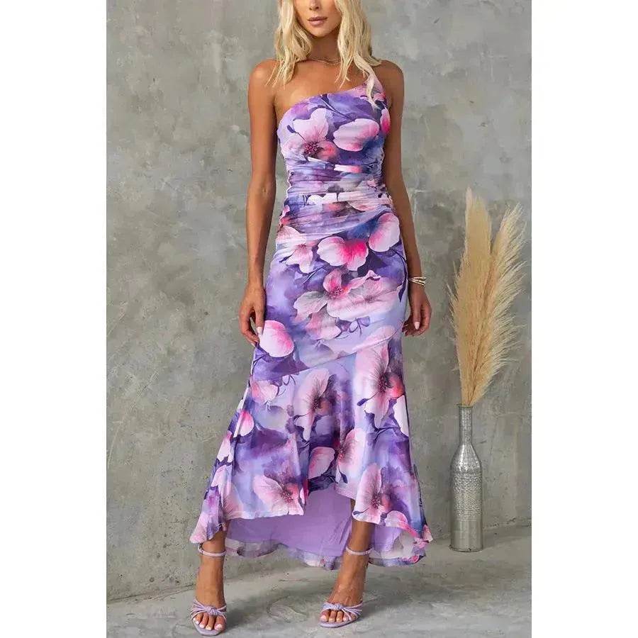 Flowers Print One-shoulder Midi Dress Summer INS Casual Suspender Women Dress - Velora