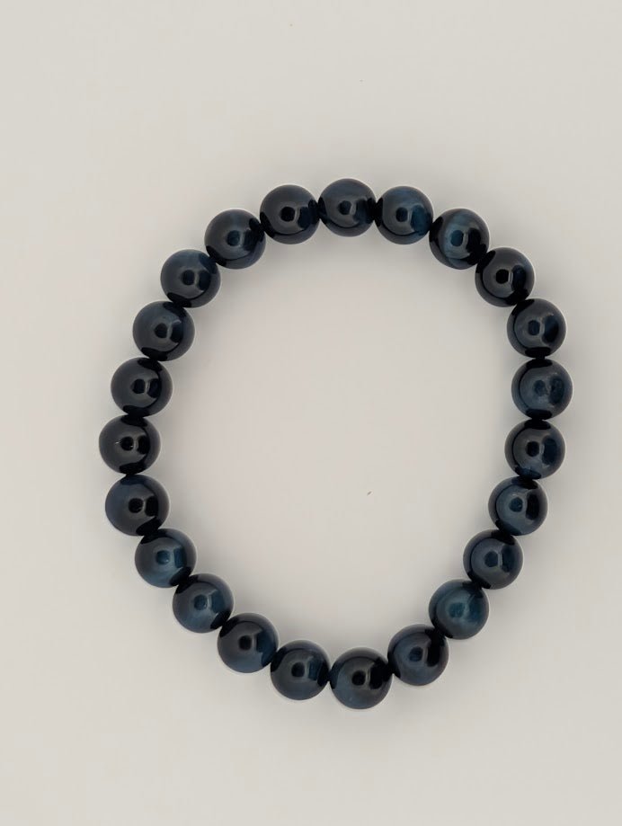 Gemstone Quality Blue Tiger's Eye Bracelet – 8mm Polished Beads (Hawk’s Eye)