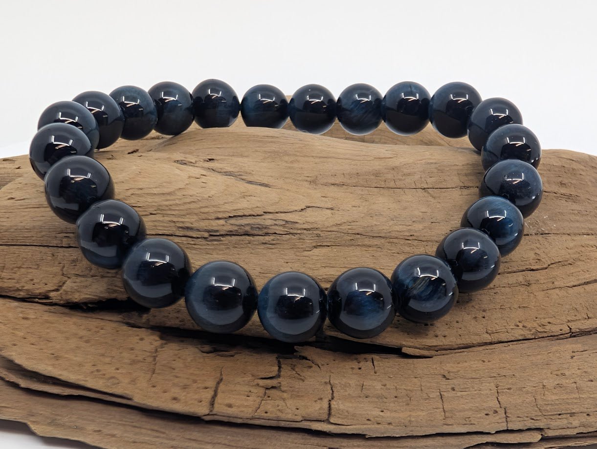 Gemstone Quality Blue Tiger's Eye Bracelet – 8mm Polished Beads (Hawk’s Eye)