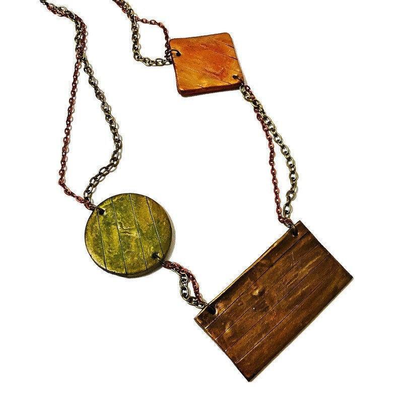 Geometric Bib Necklace with Double Layered Bronze & Copper Chain - Velora Luxury Fashion