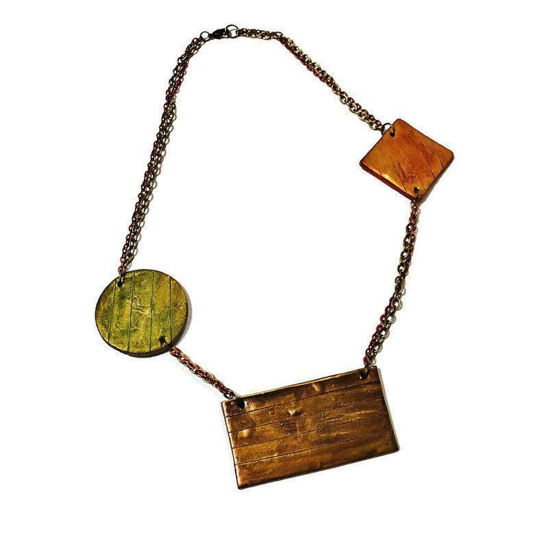 Geometric Bib Necklace with Double Layered Bronze & Copper Chain - Velora Luxury Fashion