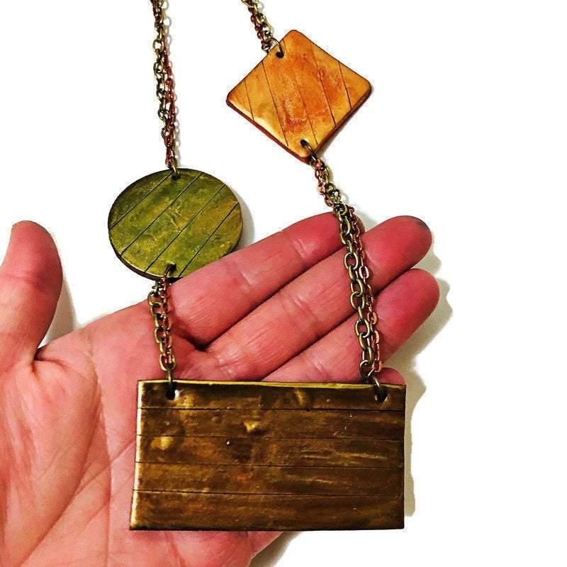 Geometric Bib Necklace with Double Layered Bronze & Copper Chain - Velora Luxury Fashion