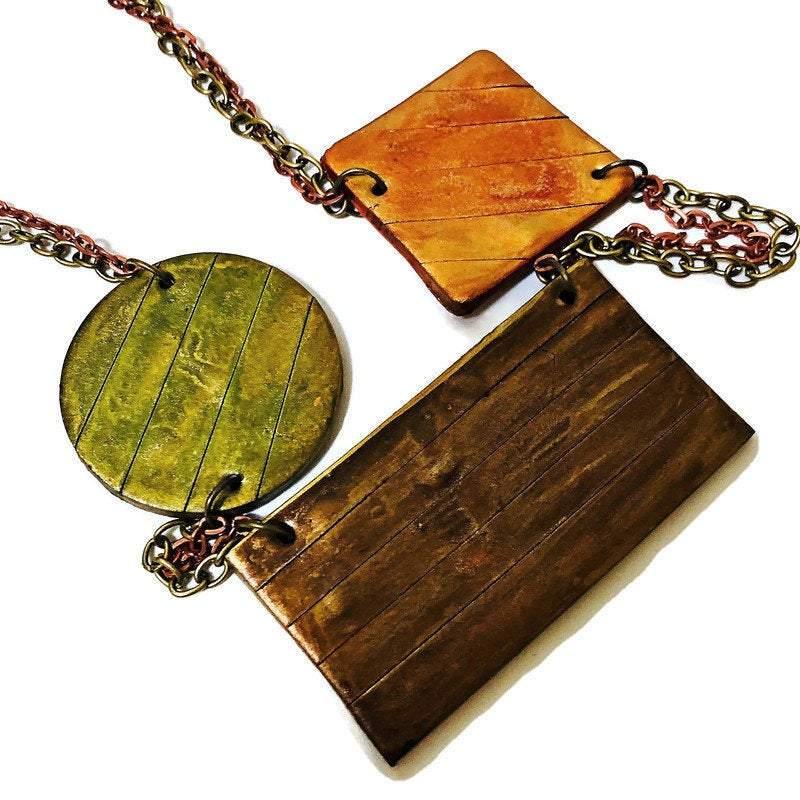 Geometric Bib Necklace with Double Layered Bronze & Copper Chain - Velora Luxury Fashion
