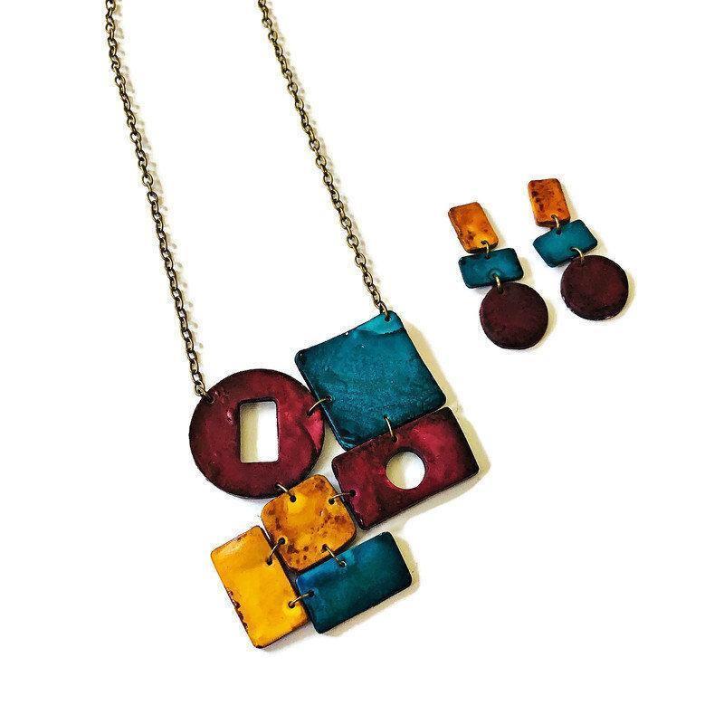Geometric Statement Jewelry Set in Maroon, Mustard & Denim Blue - Velora Luxury Fashion