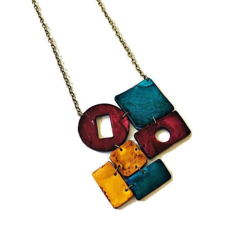 Geometric Statement Jewelry Set in Maroon, Mustard & Denim Blue - Velora Luxury Fashion