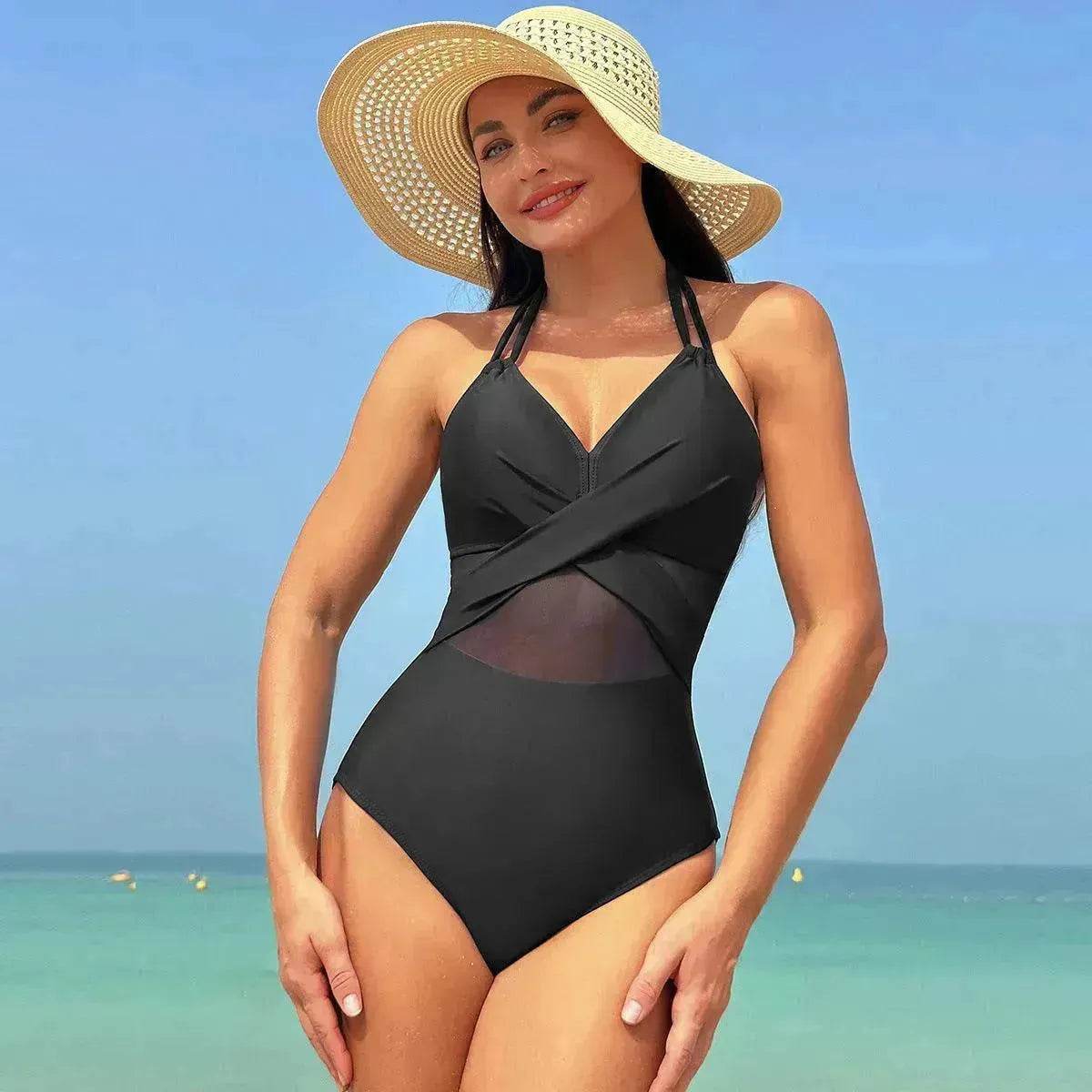 Halter neck One piece Swimsuit Summer Bikini Beach Solid Color Cross-strap Design Mesh - Velora