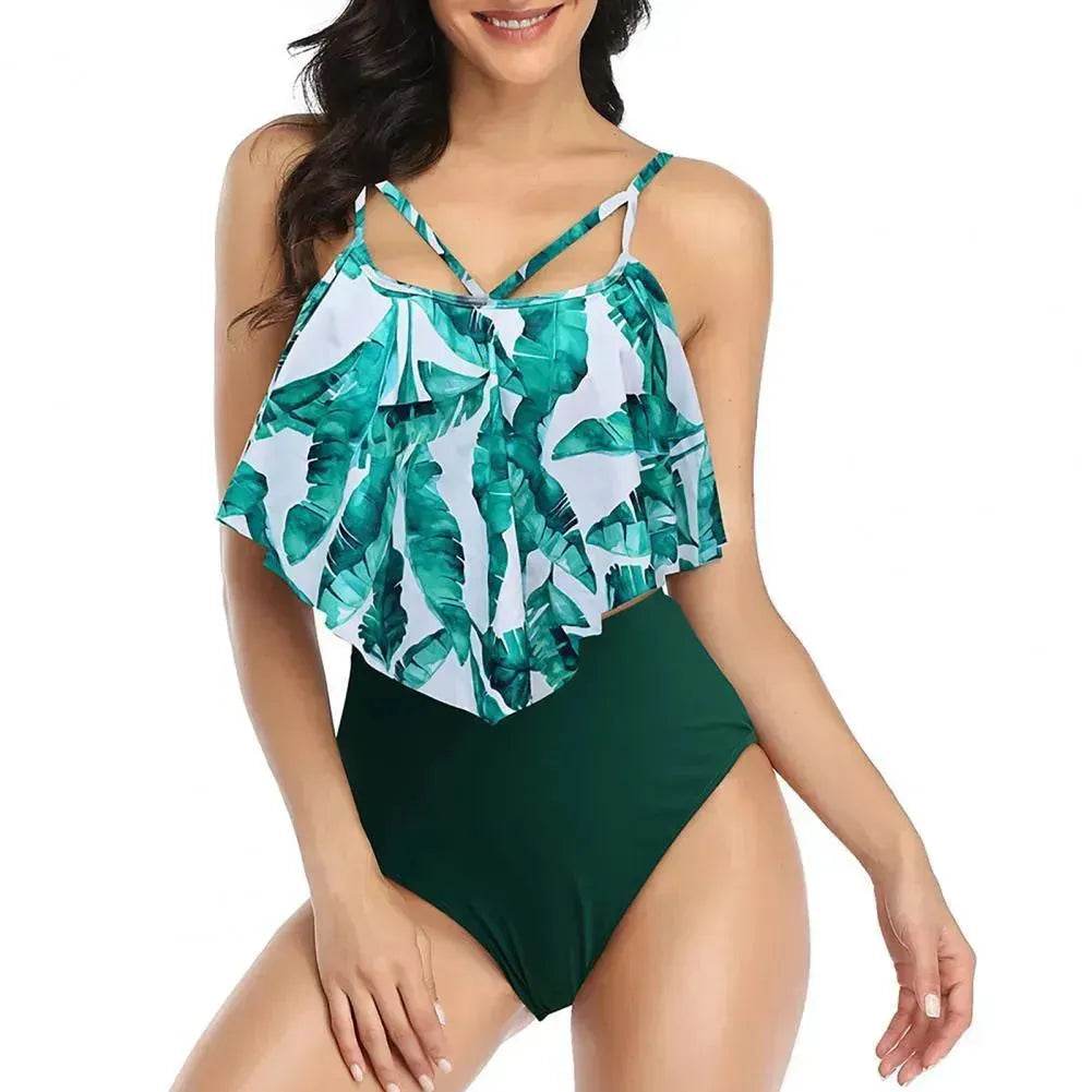 High Waist Split Swimsuit with Double Layer Lotus Leaf Design - Velora
