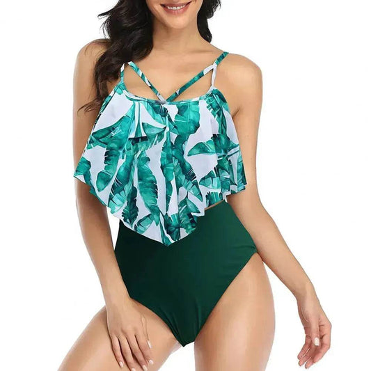High Waist Split Swimsuit with Double Layer Lotus Leaf Design - Velora