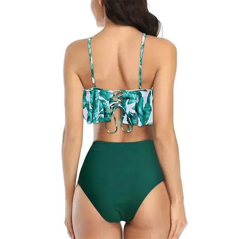 High Waist Split Swimsuit with Double Layer Lotus Leaf Design - Velora