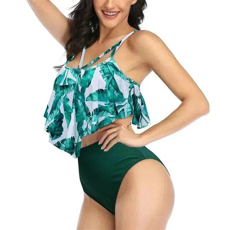 High Waist Split Swimsuit with Double Layer Lotus Leaf Design - Velora