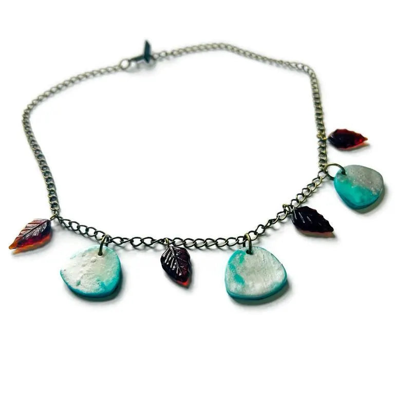 Minimalist Beaded Necklace Icy Blue & Silver with Brown Glass Leaves - Velora Luxury Fashion