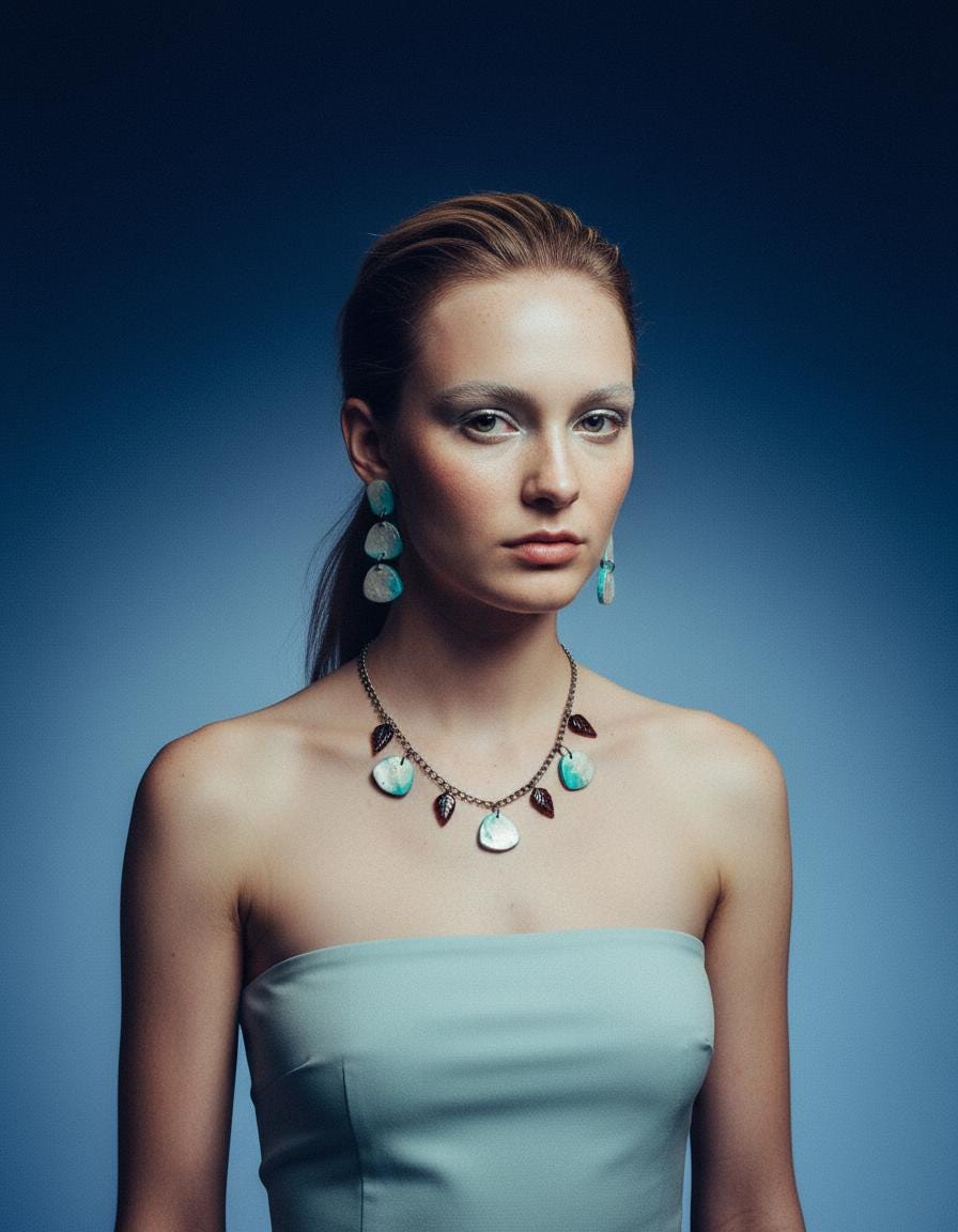 Minimalist Beaded Necklace Icy Blue & Silver with Brown Glass Leaves - Velora Luxury Fashion