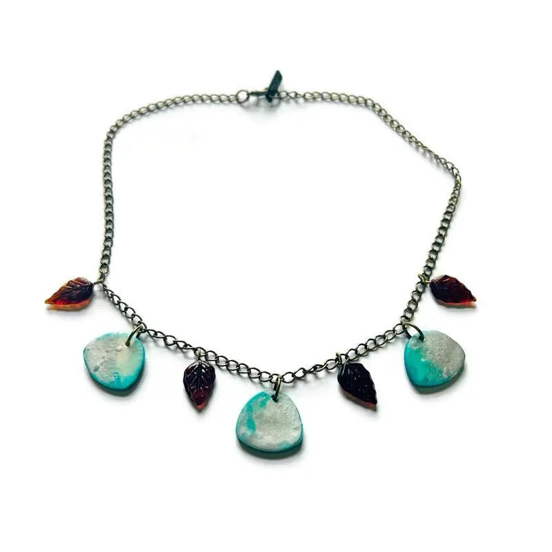 Minimalist Beaded Necklace Icy Blue & Silver with Brown Glass Leaves - Velora Luxury Fashion