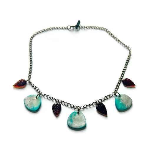 Minimalist Beaded Necklace Icy Blue & Silver with Brown Glass Leaves - Velora Luxury Fashion