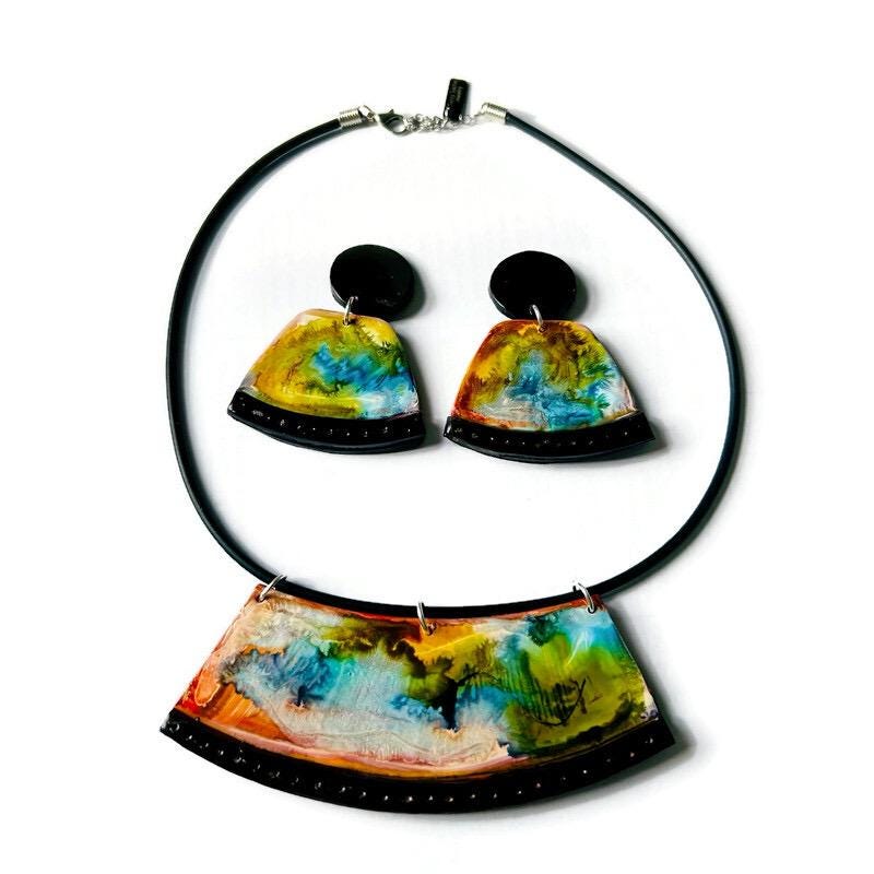 Alcohol Ink Jewelry Set with Necklace & Earrings