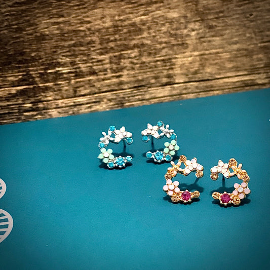 Crescent Bloom Stud Earrings – Floral Halo Design - Sparkle - Velora