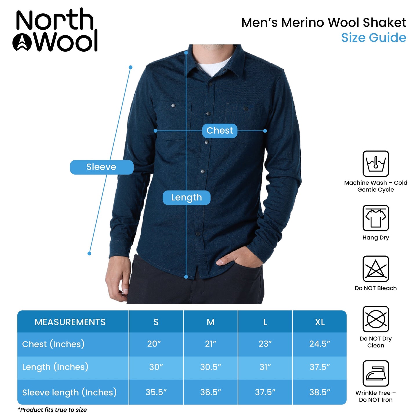 NorthWool Men's Merino Wool Shaket - Midweight Button Down Regular Fit (Navy) - Velora