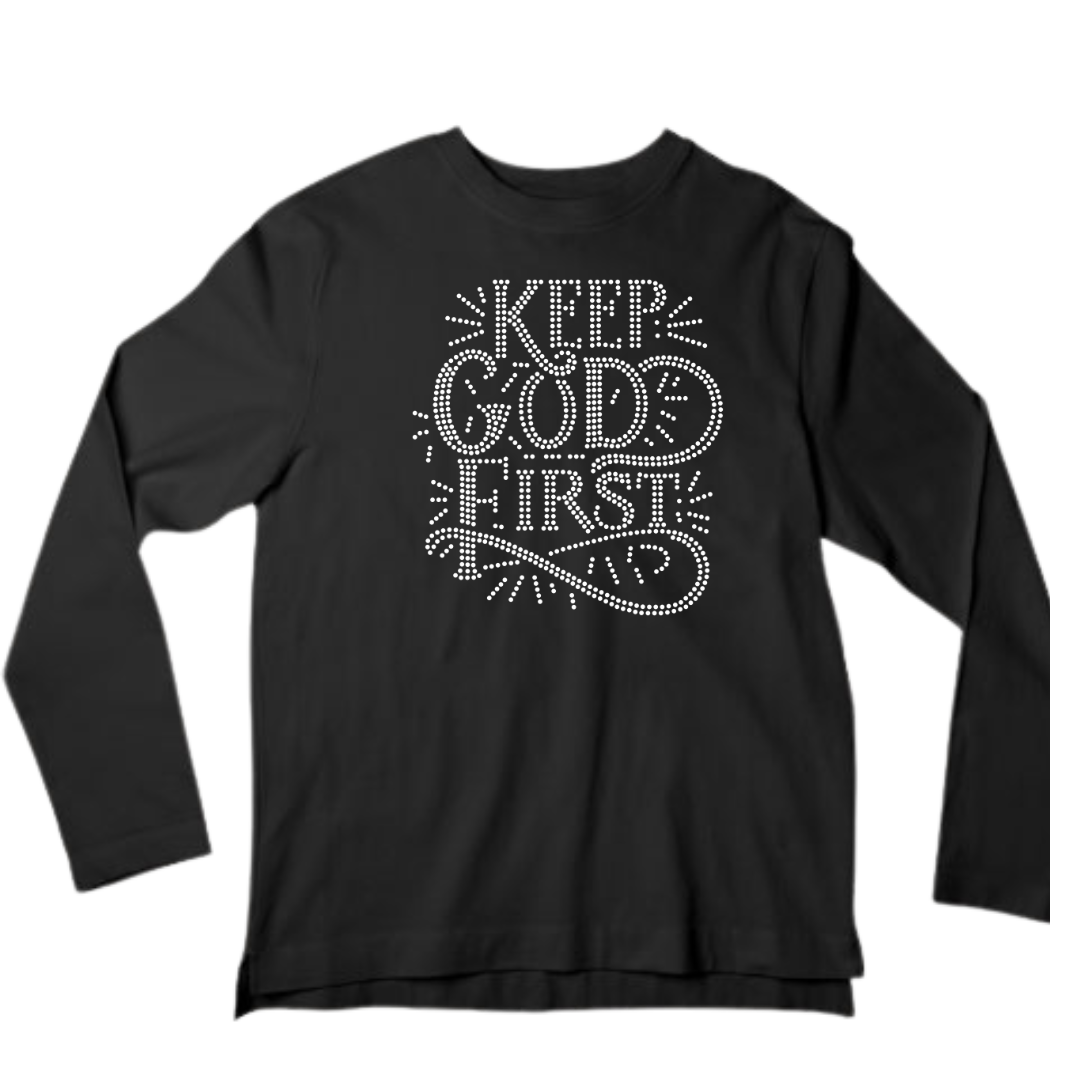 Keep God First Rhinestone Shirt – Christian Faith Sparkle Bling Tee | Blingdazzel