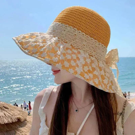 Lace Bow Straw Fisherman Hat Summer Outdoor Sunhat With Large Brim Anti-UV Sunshade And Face Protection Hat - Velora