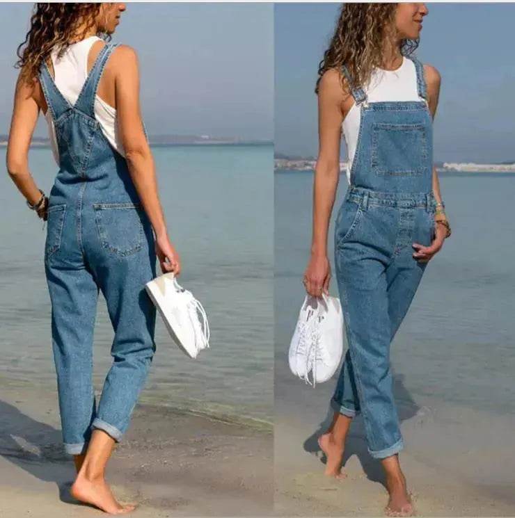 Ladies' Long Blue Denim Jeans Romper Jumpsuit With Straps - Velora