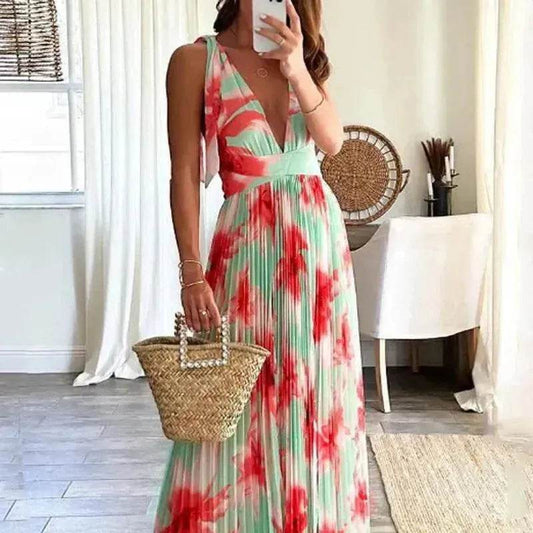 Lady Charming Backless Print Pleated Dress
