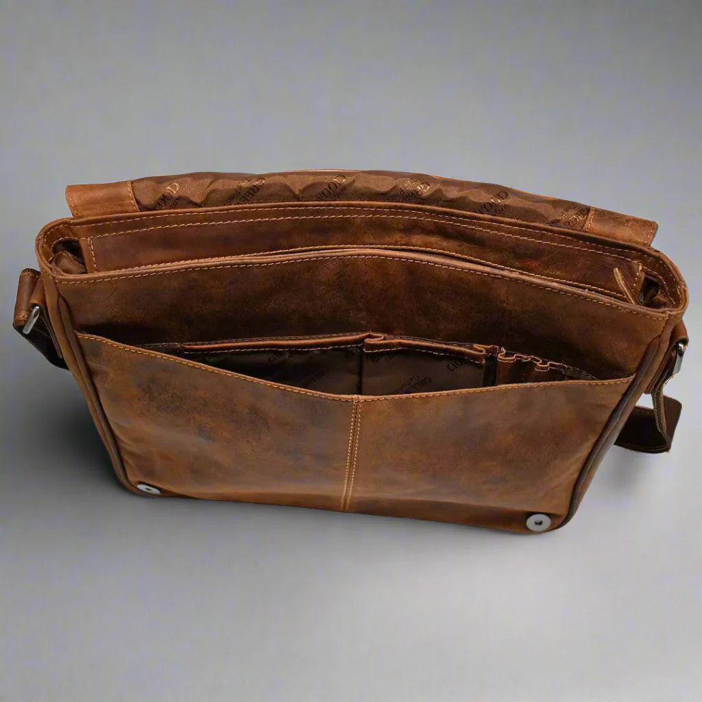 Greenwood Leather Laptop Bag. Premium Waxed Pull-Up Leather Messenger Bag Boutique of Leathers/Open Road