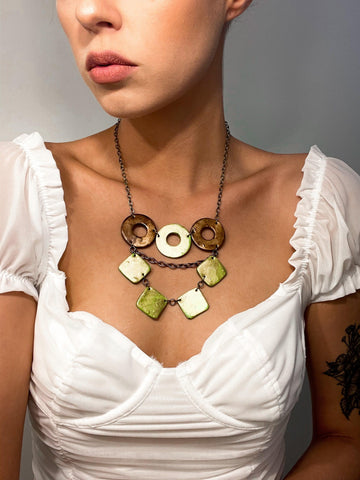 Layered Statement Necklace in Chartreuse Green, Bronze & Gold - Velora Luxury Fashion